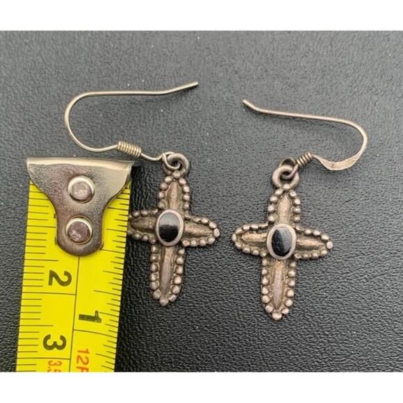 Vintage 925 Silver Black Onyx Braided Cross Earrings Hook Dangle Pierced (READ) - Picture 3 of 4
